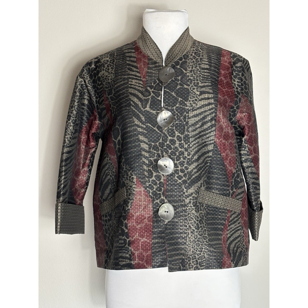 CAROLINE ROSE Mixed Animal Print Sheen Big Button Art to Wear 3/4 Sleeve Jacket